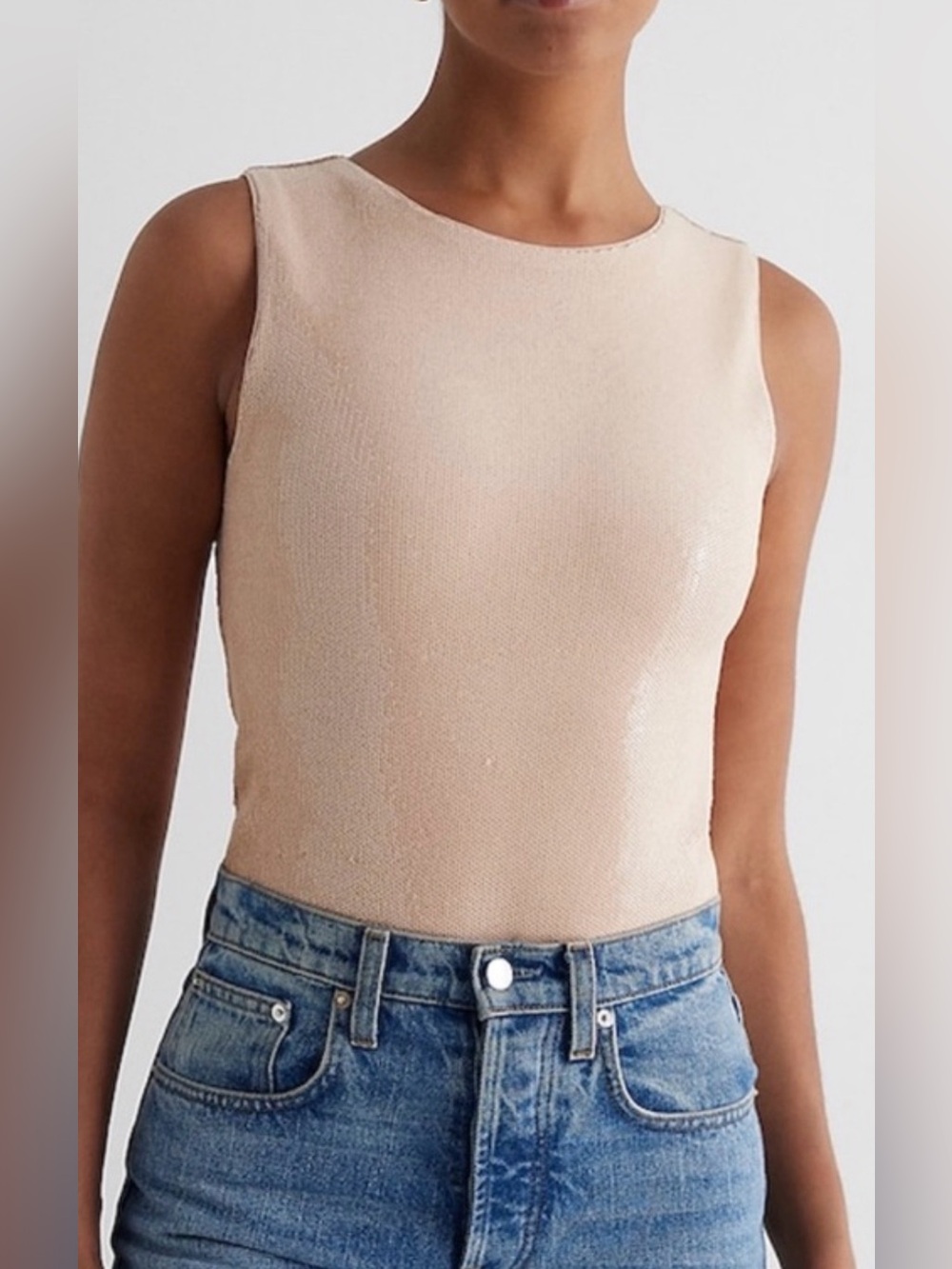 Express Body Contour Sleeveless Sequin Bodysuit Top Crewneck Ivory Cream Large L
